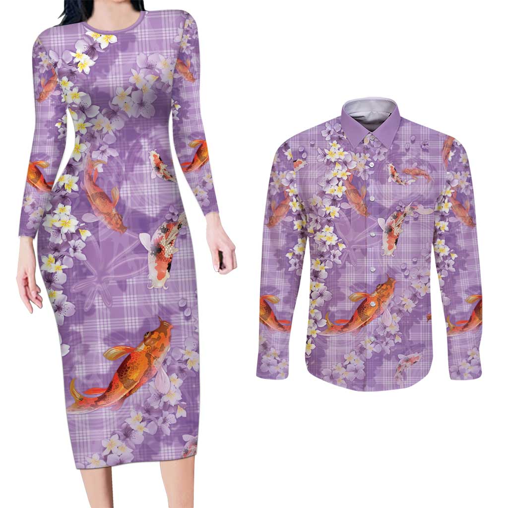 Purple Palaka Hawaiian And Japanese Couples Matching Long Sleeve Bodycon Dress and Long Sleeve Button Shirt Sakura Lei With Koi Fish DT05 Purple - Polynesian Pride