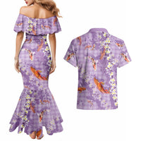 Purple Palaka Hawaiian And Japanese Couples Matching Mermaid Dress and Hawaiian Shirt Sakura Lei With Koi Fish DT05 - Polynesian Pride