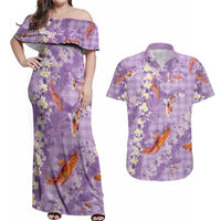 Purple Palaka Hawaiian And Japanese Couples Matching Off Shoulder Maxi Dress and Hawaiian Shirt Sakura Lei With Koi Fish DT05 Purple - Polynesian Pride