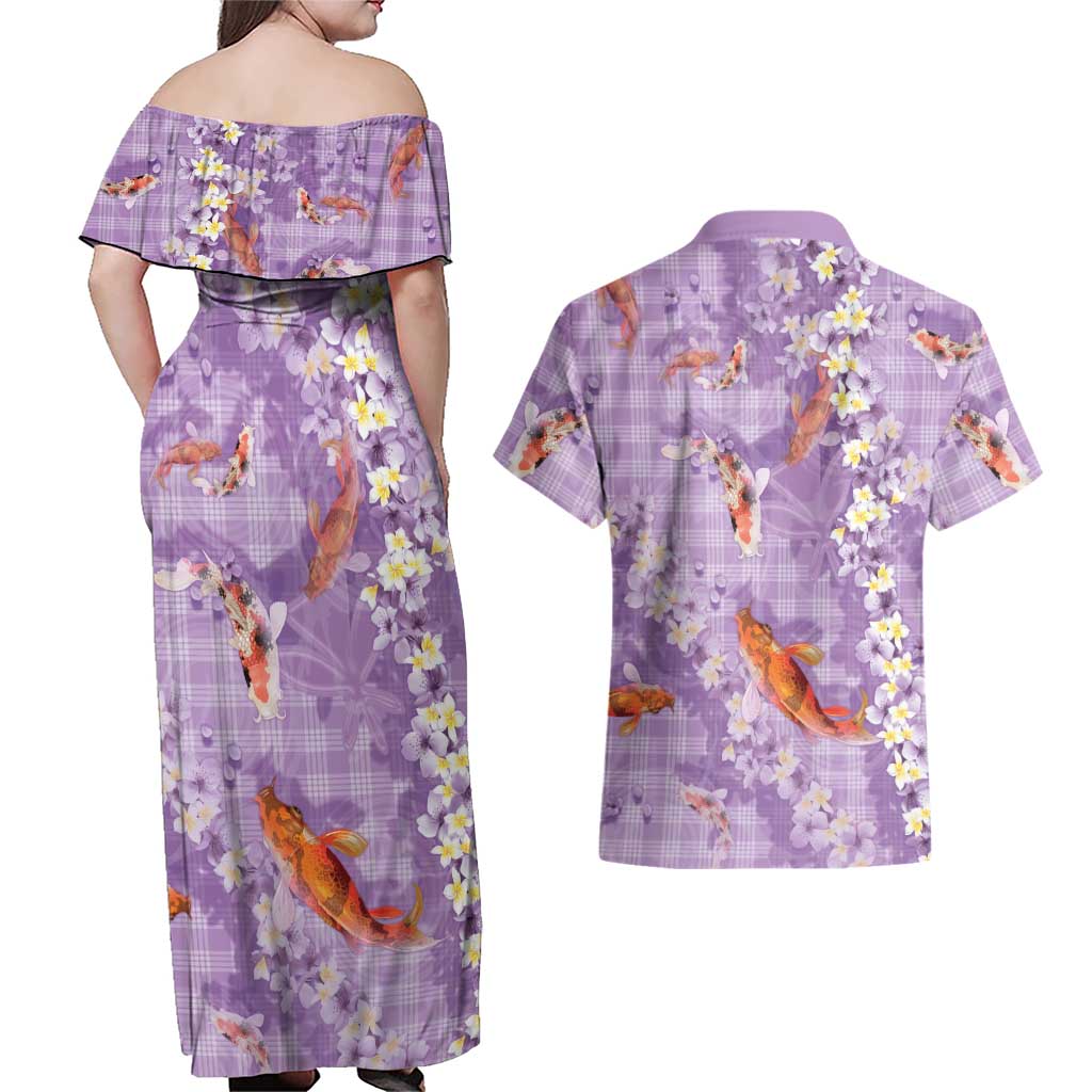 Purple Palaka Hawaiian And Japanese Couples Matching Off Shoulder Maxi Dress and Hawaiian Shirt Sakura Lei With Koi Fish DT05 - Polynesian Pride