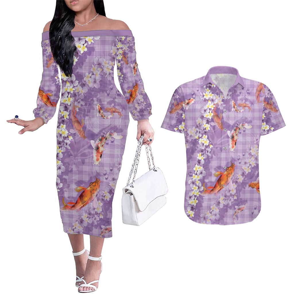 Purple Palaka Hawaiian And Japanese Couples Matching Off The Shoulder Long Sleeve Dress and Hawaiian Shirt Sakura Lei With Koi Fish DT05 Purple - Polynesian Pride
