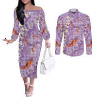 Purple Palaka Hawaiian And Japanese Couples Matching Off The Shoulder Long Sleeve Dress and Long Sleeve Button Shirt Sakura Lei With Koi Fish DT05 Purple - Polynesian Pride