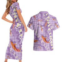 Purple Palaka Hawaiian And Japanese Couples Matching Short Sleeve Bodycon Dress and Hawaiian Shirt Sakura Lei With Koi Fish DT05 - Polynesian Pride