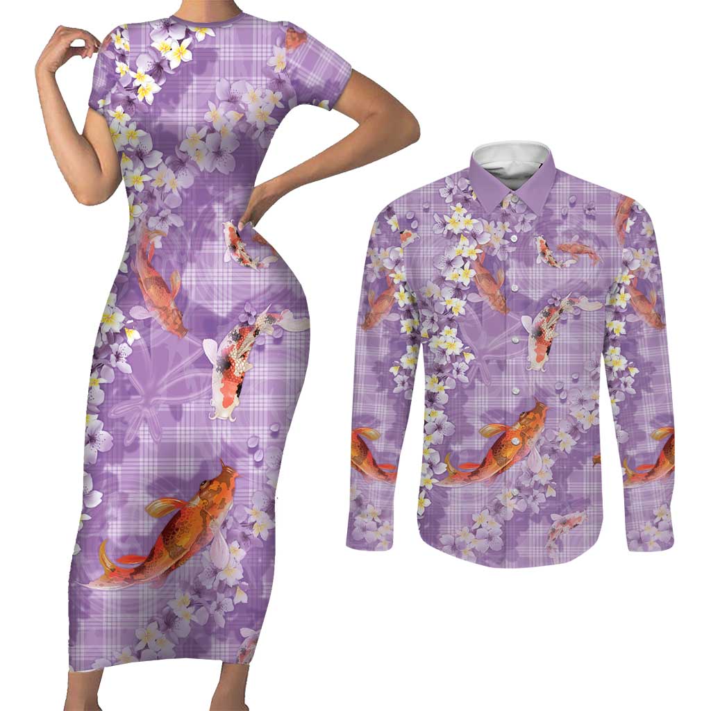 Purple Palaka Hawaiian And Japanese Couples Matching Short Sleeve Bodycon Dress and Long Sleeve Button Shirt Sakura Lei With Koi Fish - Polynesian Pride
