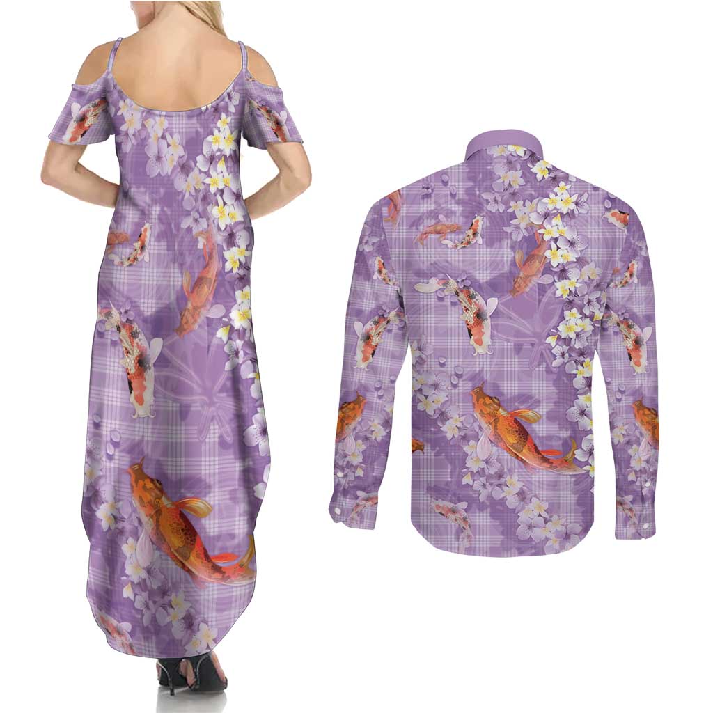 Purple Palaka Hawaiian And Japanese Couples Matching Summer Maxi Dress and Long Sleeve Button Shirt Sakura Lei With Koi Fish - Polynesian Pride