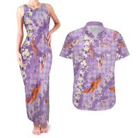 Purple Palaka Hawaiian And Japanese Couples Matching Tank Maxi Dress and Hawaiian Shirt Sakura Lei With Koi Fish DT05 Purple - Polynesian Pride