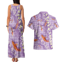 Purple Palaka Hawaiian And Japanese Couples Matching Tank Maxi Dress and Hawaiian Shirt Sakura Lei With Koi Fish DT05 - Polynesian Pride
