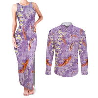 Purple Palaka Hawaiian And Japanese Couples Matching Tank Maxi Dress and Long Sleeve Button Shirt Sakura Lei With Koi Fish DT05 Purple - Polynesian Pride