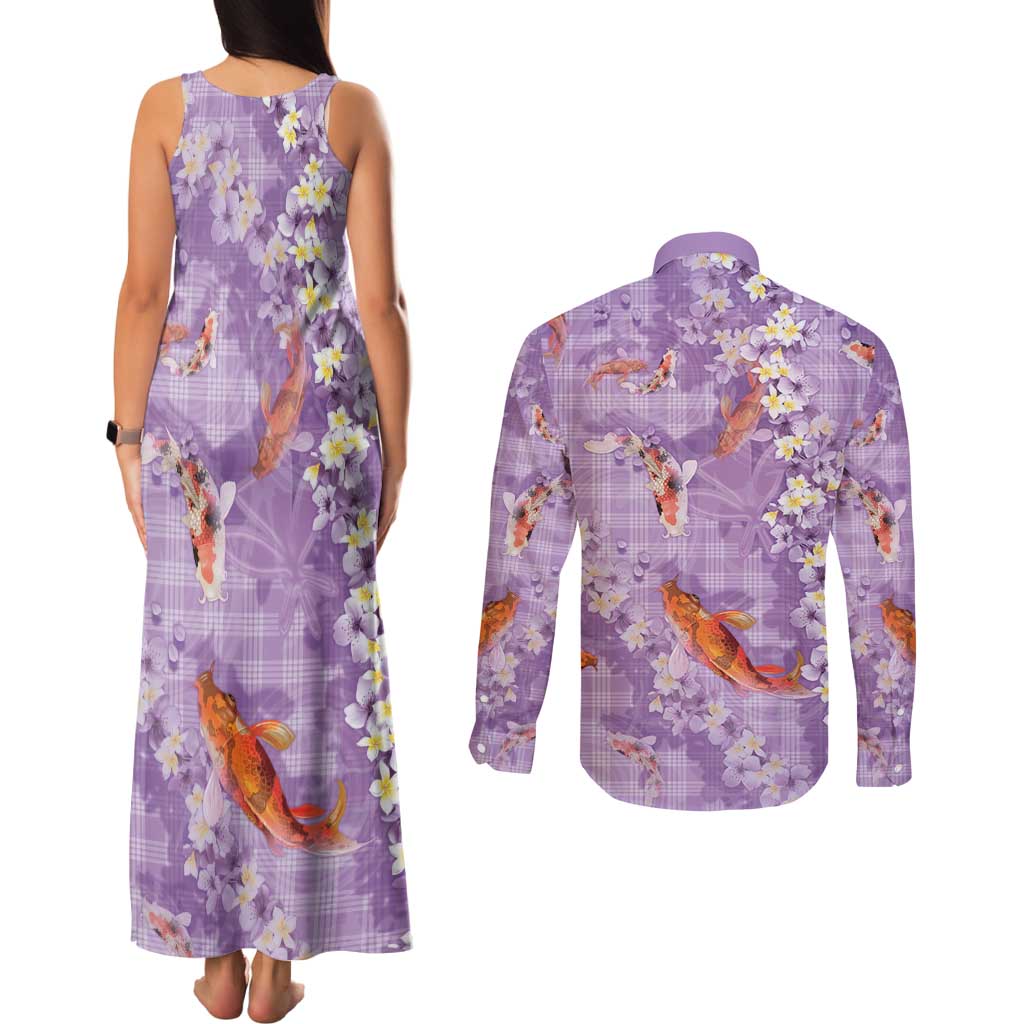 Purple Palaka Hawaiian And Japanese Couples Matching Tank Maxi Dress and Long Sleeve Button Shirt Sakura Lei With Koi Fish DT05 - Polynesian Pride