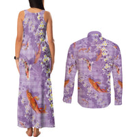 Purple Palaka Hawaiian And Japanese Couples Matching Tank Maxi Dress and Long Sleeve Button Shirt Sakura Lei With Koi Fish DT05 - Polynesian Pride