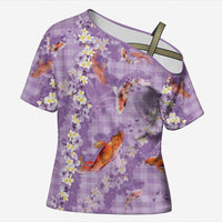 Purple Palaka Hawaiian And Japanese Cross Shoulder Shirt Sakura Lei With Koi Fish - Polynesian Pride