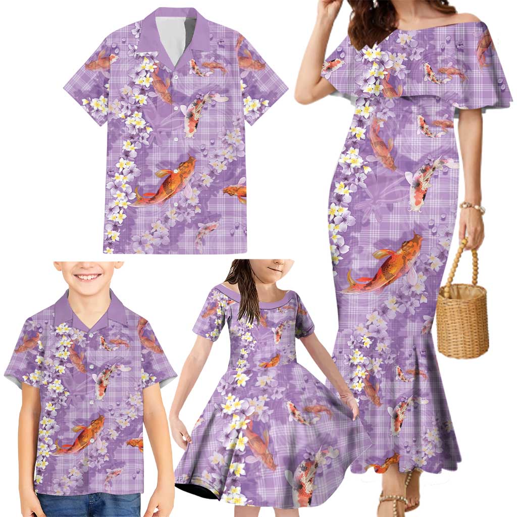 Purple Palaka Hawaiian And Japanese Family Matching Mermaid Dress and Hawaiian Shirt Sakura Lei With Koi Fish DT05 - Polynesian Pride