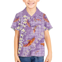Purple Palaka Hawaiian And Japanese Family Matching Mermaid Dress and Hawaiian Shirt Sakura Lei With Koi Fish DT05 Son's Shirt Purple - Polynesian Pride