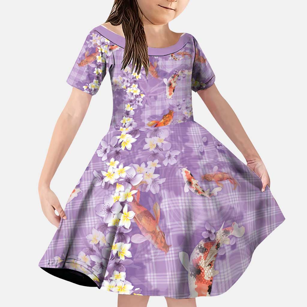 Purple Palaka Hawaiian And Japanese Family Matching Off The Shoulder Long Sleeve Dress and Hawaiian Shirt Sakura Lei With Koi Fish DT05 Daughter's Dress Purple - Polynesian Pride