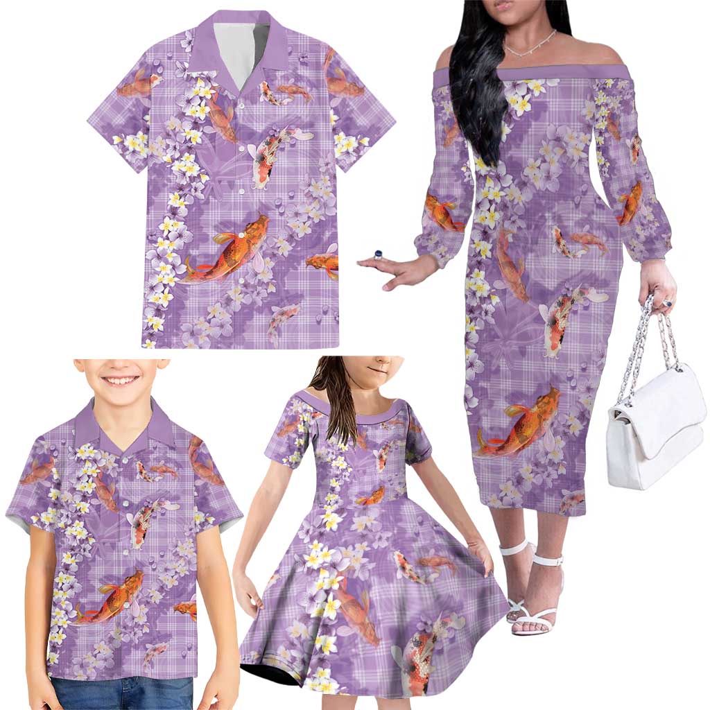 Purple Palaka Hawaiian And Japanese Family Matching Off The Shoulder Long Sleeve Dress and Hawaiian Shirt Sakura Lei With Koi Fish - Polynesian Pride