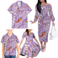 Purple Palaka Hawaiian And Japanese Family Matching Off The Shoulder Long Sleeve Dress and Hawaiian Shirt Sakura Lei With Koi Fish DT05 - Polynesian Pride