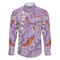 Purple Palaka Hawaiian And Japanese Family Matching Off The Shoulder Long Sleeve Dress and Hawaiian Shirt Sakura Lei With Koi Fish DT05 Dad's Shirt - Long Sleeve Purple - Polynesian Pride