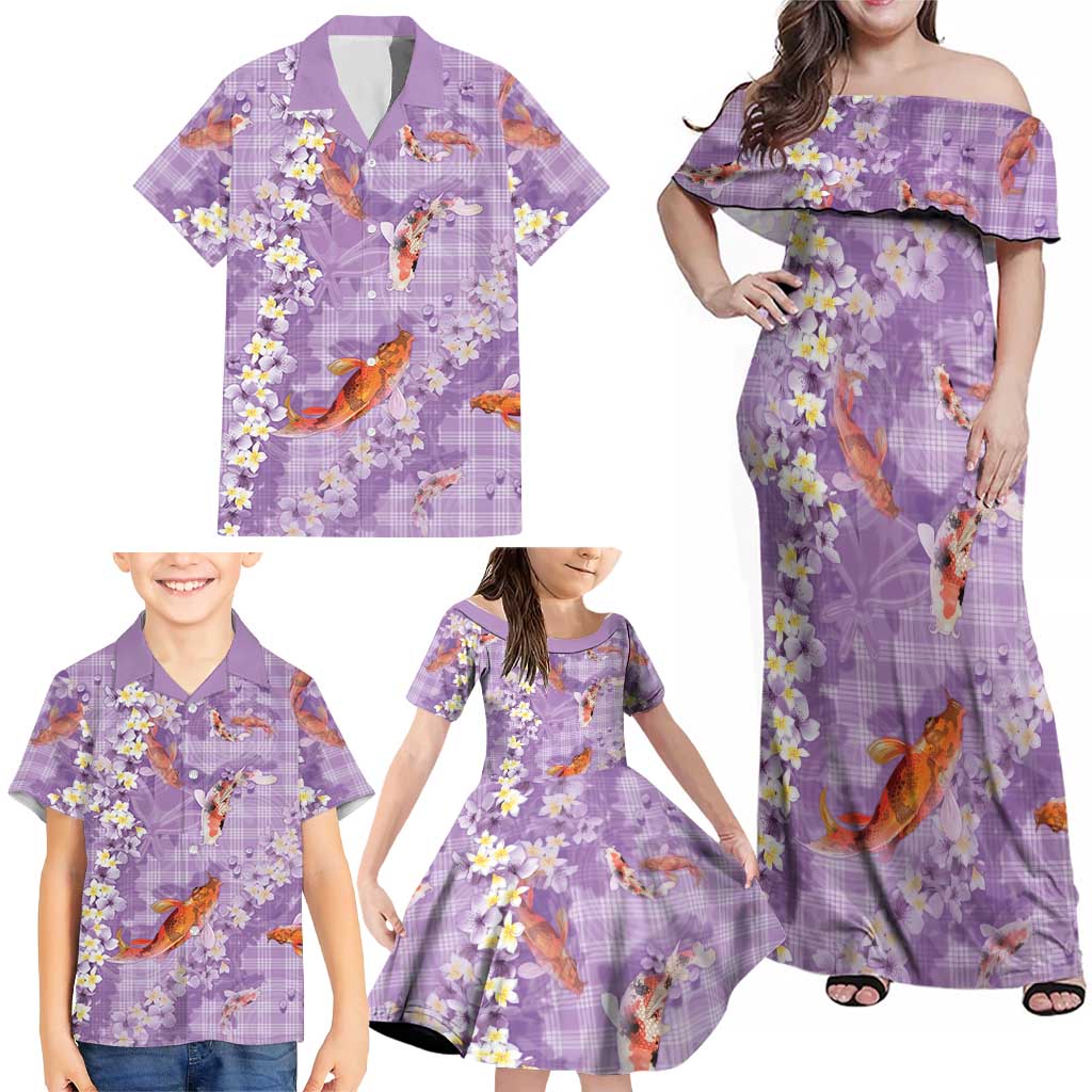 Purple Palaka Hawaiian And Japanese Family Matching Off Shoulder Maxi Dress and Hawaiian Shirt Sakura Lei With Koi Fish DT05 - Polynesian Pride