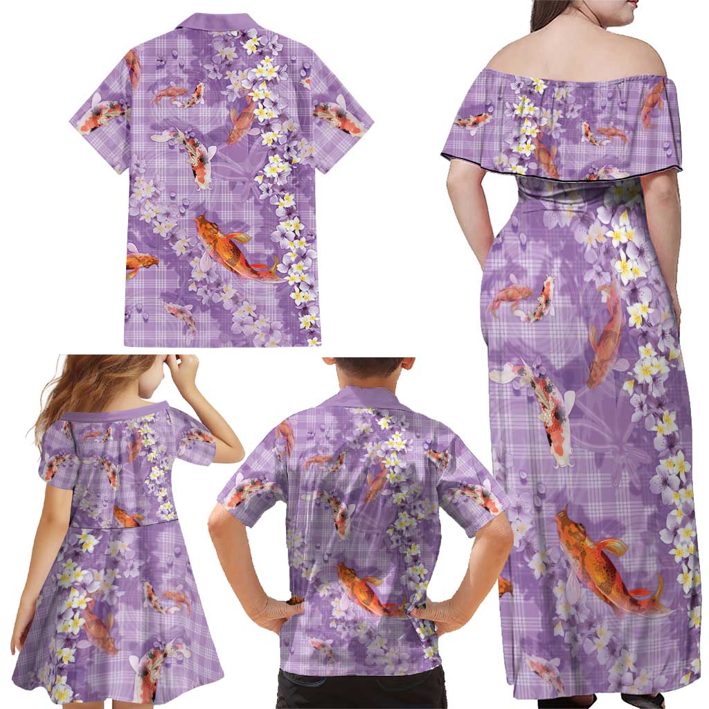 Purple Palaka Hawaiian And Japanese Family Matching Off Shoulder Maxi Dress and Hawaiian Shirt Sakura Lei With Koi Fish DT05 - Polynesian Pride