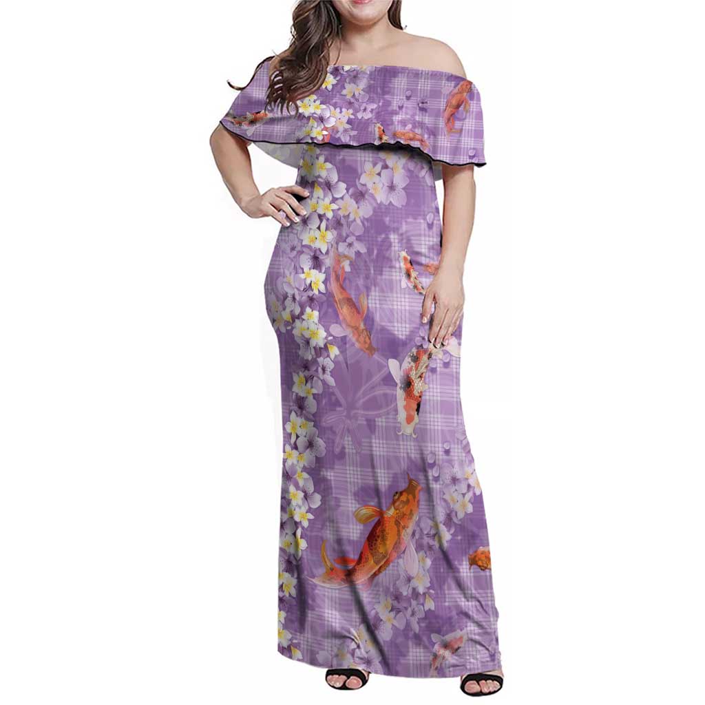 Purple Palaka Hawaiian And Japanese Family Matching Off Shoulder Maxi Dress and Hawaiian Shirt Sakura Lei With Koi Fish DT05 Mom's Dress Purple - Polynesian Pride