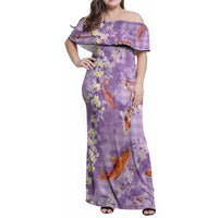 Purple Palaka Hawaiian And Japanese Family Matching Off Shoulder Maxi Dress and Hawaiian Shirt Sakura Lei With Koi Fish DT05 Mom's Dress Purple - Polynesian Pride