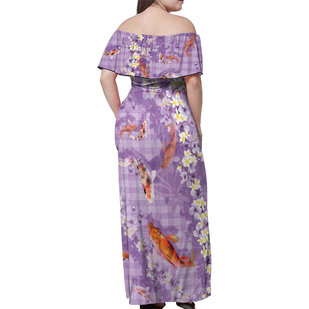 Purple Palaka Hawaiian And Japanese Family Matching Off Shoulder Maxi Dress and Hawaiian Shirt Sakura Lei With Koi Fish DT05 - Polynesian Pride