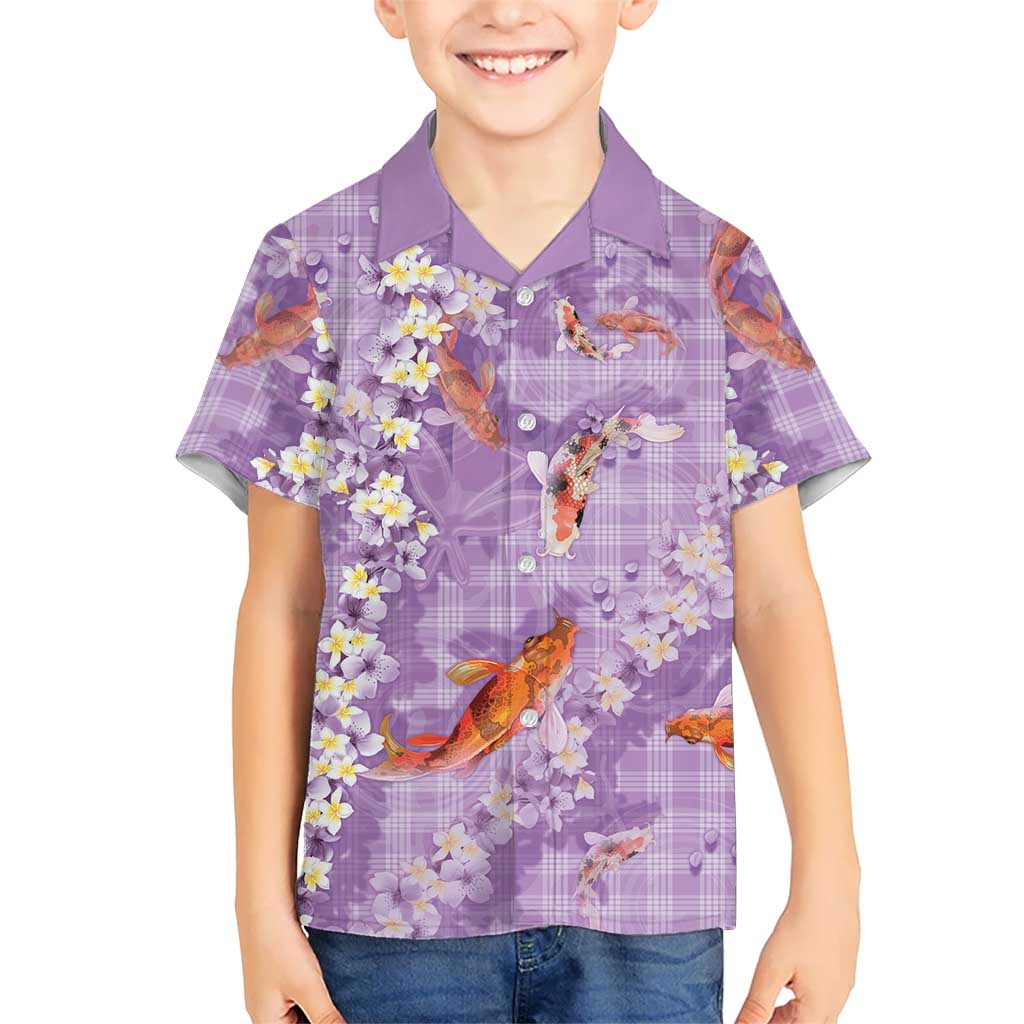 Purple Palaka Hawaiian And Japanese Family Matching Off Shoulder Maxi Dress and Hawaiian Shirt Sakura Lei With Koi Fish DT05 Son's Shirt Purple - Polynesian Pride
