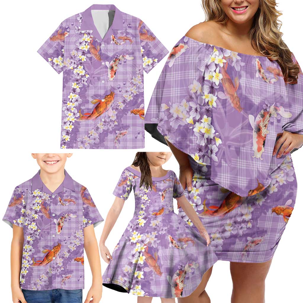 Purple Palaka Hawaiian And Japanese Family Matching Off Shoulder Short Dress and Hawaiian Shirt Sakura Lei With Koi Fish - Polynesian Pride