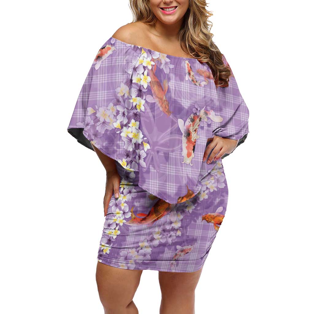 Purple Palaka Hawaiian And Japanese Family Matching Off Shoulder Short Dress and Hawaiian Shirt Sakura Lei With Koi Fish DT05 Mom's Dress Purple - Polynesian Pride