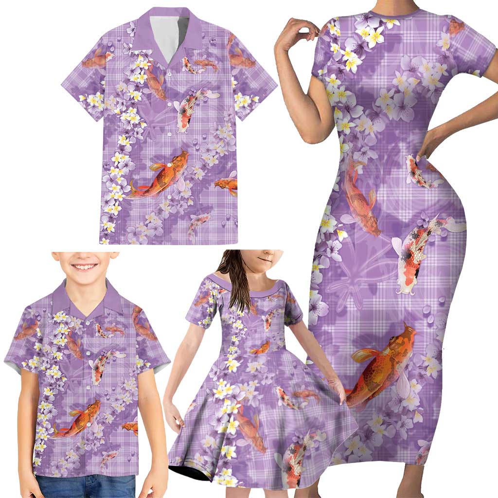 Purple Palaka Hawaiian And Japanese Family Matching Short Sleeve Bodycon Dress and Hawaiian Shirt Sakura Lei With Koi Fish DT05 - Polynesian Pride