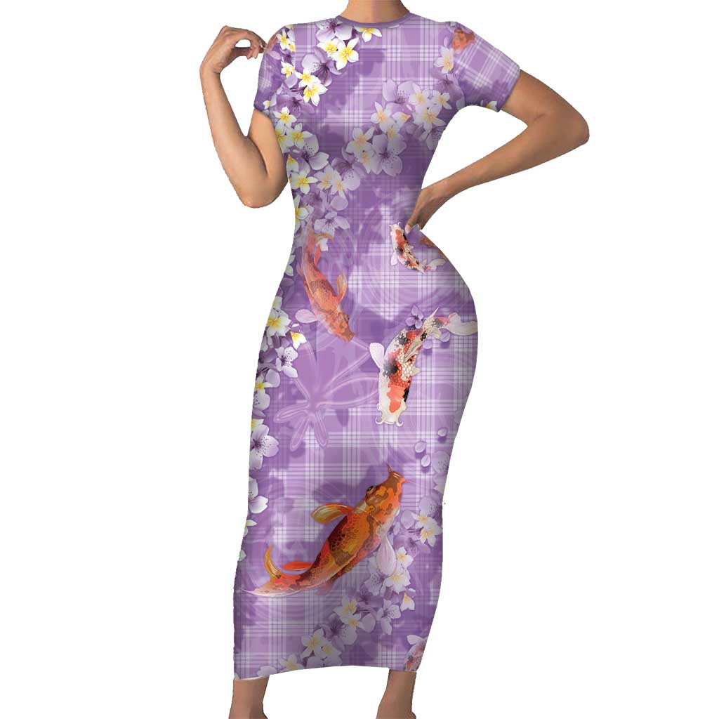 Purple Palaka Hawaiian And Japanese Family Matching Short Sleeve Bodycon Dress and Hawaiian Shirt Sakura Lei With Koi Fish DT05 Mom's Dress Purple - Polynesian Pride