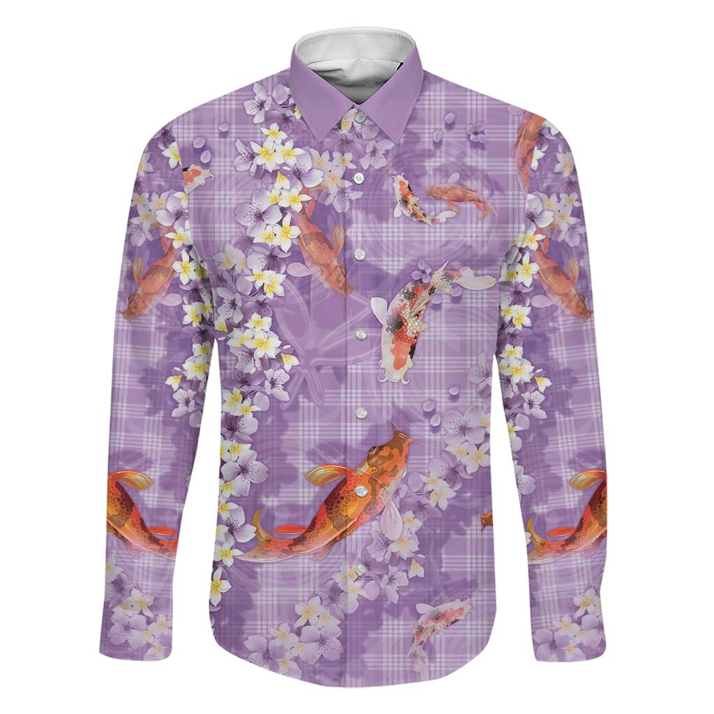 Purple Palaka Hawaiian And Japanese Family Matching Summer Maxi Dress and Hawaiian Shirt Sakura Lei With Koi Fish DT05 Dad's Shirt - Long Sleeve Purple - Polynesian Pride