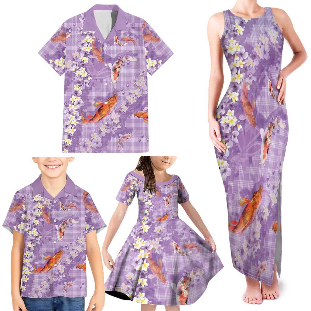 Purple Palaka Hawaiian And Japanese Family Matching Tank Maxi Dress and Hawaiian Shirt Sakura Lei With Koi Fish DT05 - Polynesian Pride