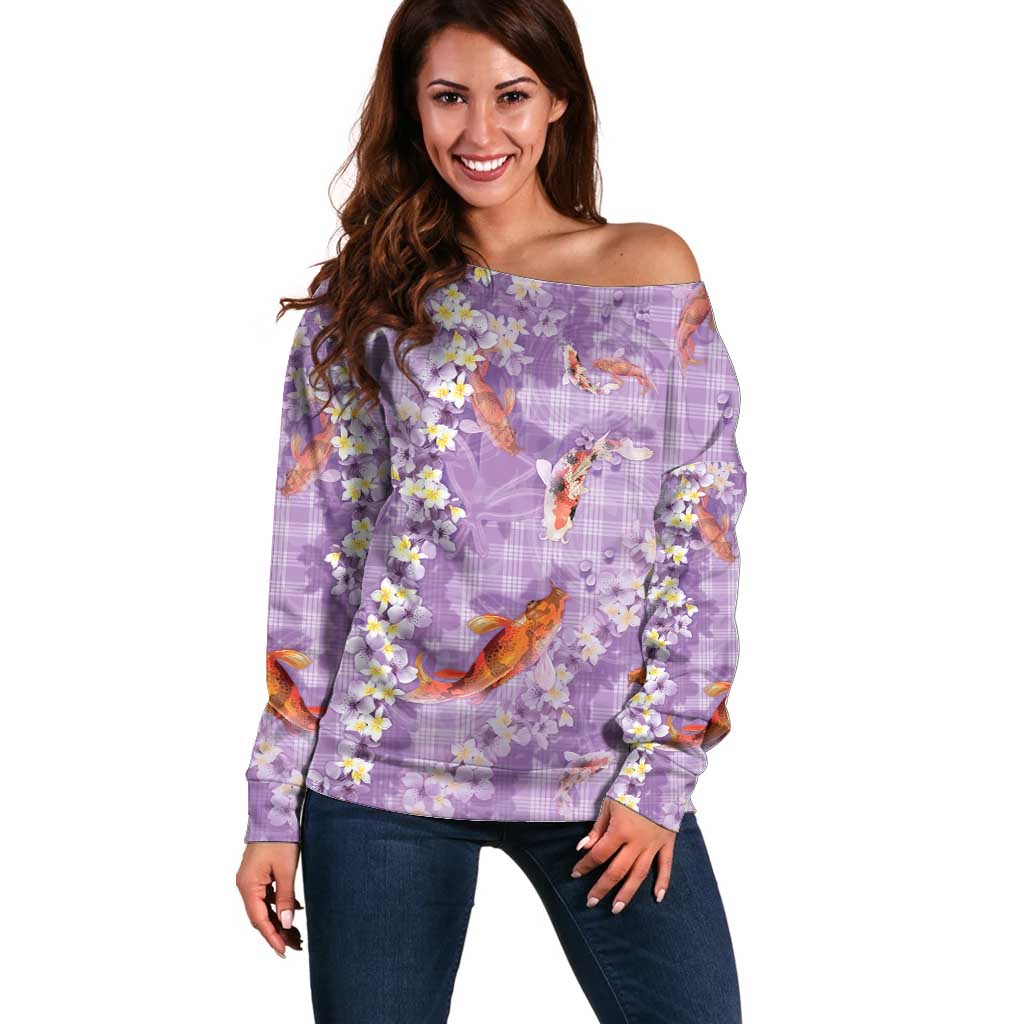 Purple Palaka Hawaiian And Japanese Off Shoulder Sweater Sakura Lei With Koi Fish DT05 Women Purple - Polynesian Pride