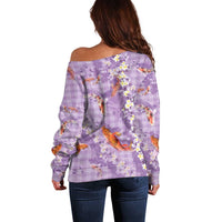 Purple Palaka Hawaiian And Japanese Off Shoulder Sweater Sakura Lei With Koi Fish DT05 - Polynesian Pride