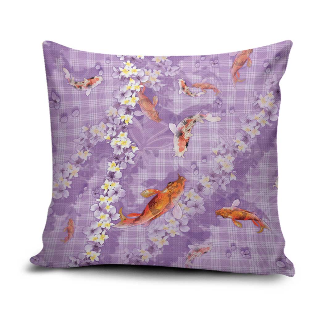 Purple Palaka Hawaiian And Japanese Pillow Cover Sakura Lei With Koi Fish - Polynesian Pride
