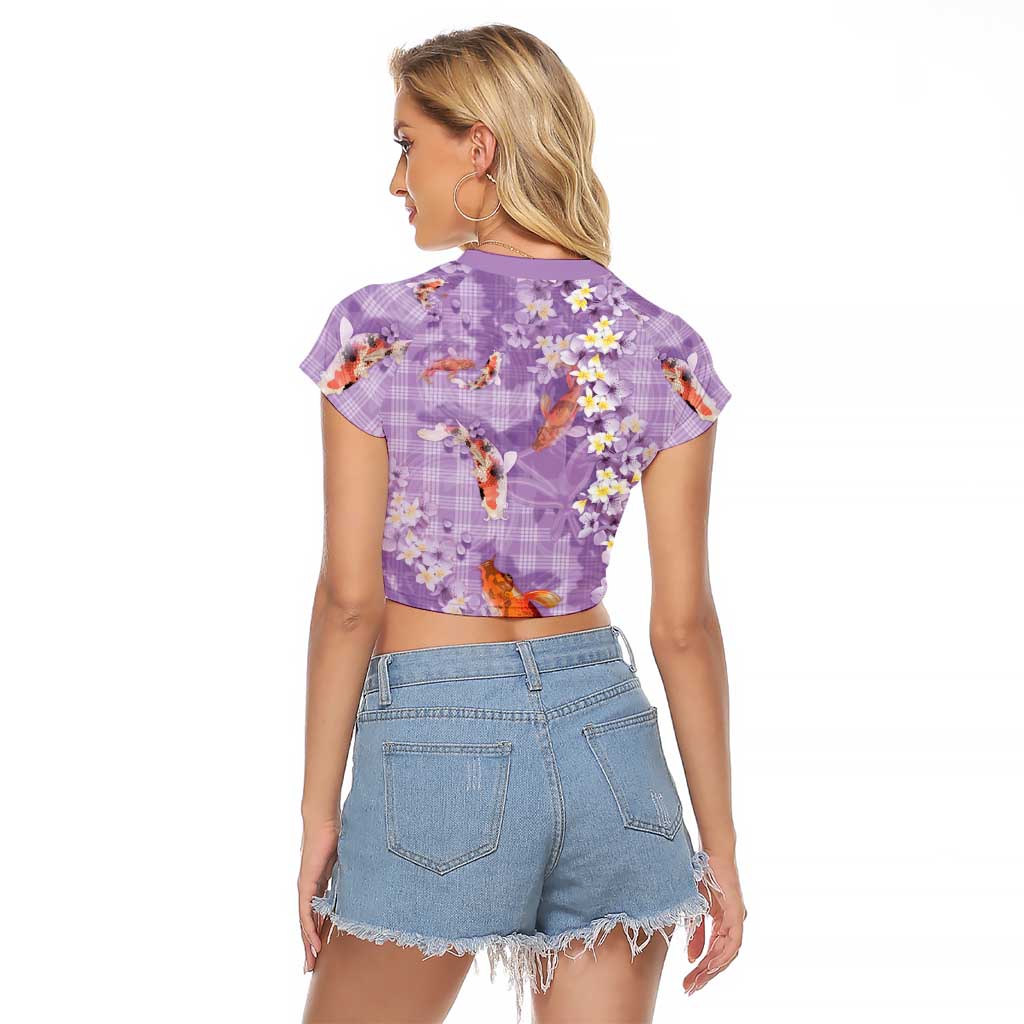 Purple Palaka Hawaiian And Japanese Raglan Cropped T Shirt Sakura Lei With Koi Fish - Polynesian Pride