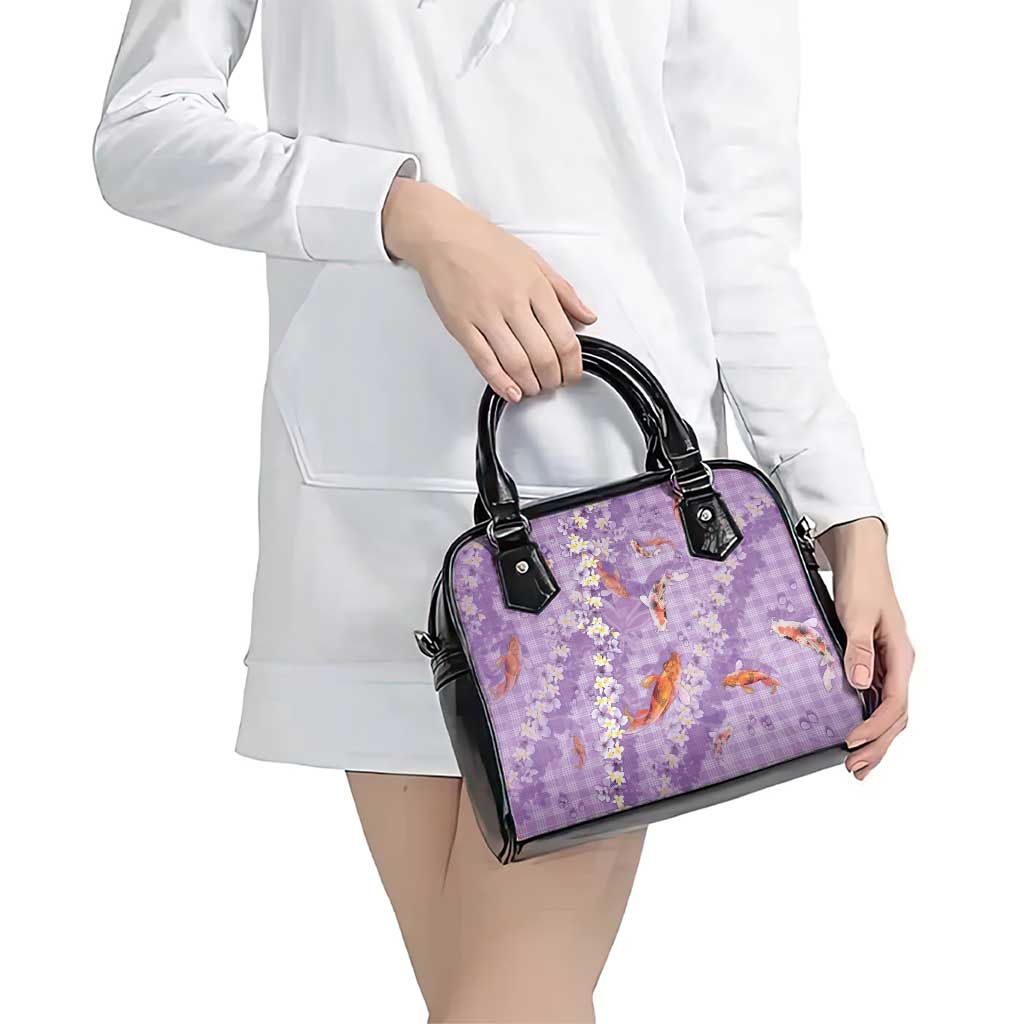 Purple Palaka Hawaiian And Japanese Shoulder Handbag Sakura Lei With Koi Fish - Polynesian Pride