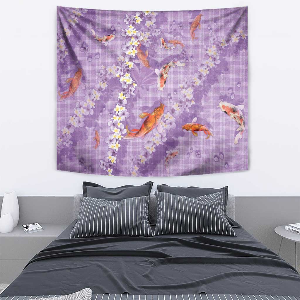 Purple Palaka Hawaiian And Japanese Tapestry Sakura Lei With Koi Fish - Polynesian Pride