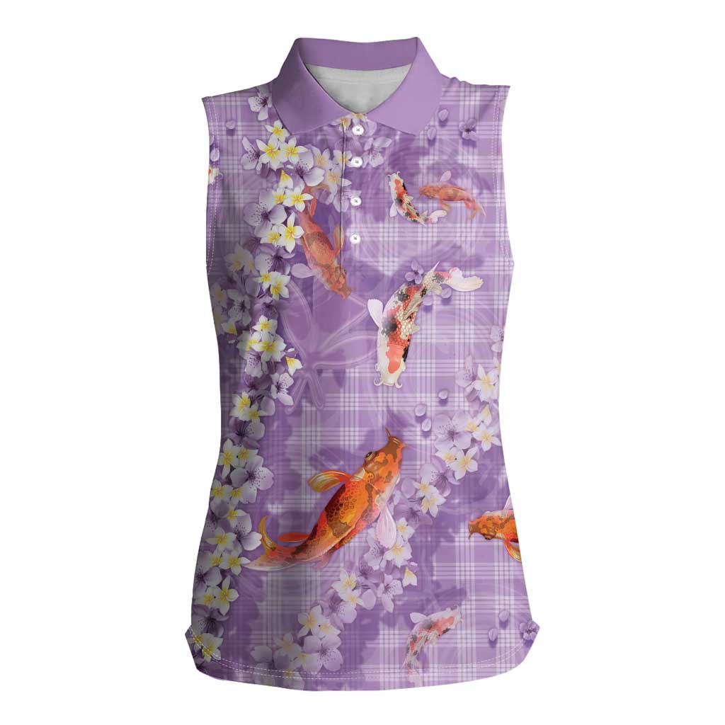 Purple Palaka Hawaiian And Japanese Women Sleeveless Polo Shirt Sakura Lei With Koi Fish DT05 Female Purple - Polynesian Pride