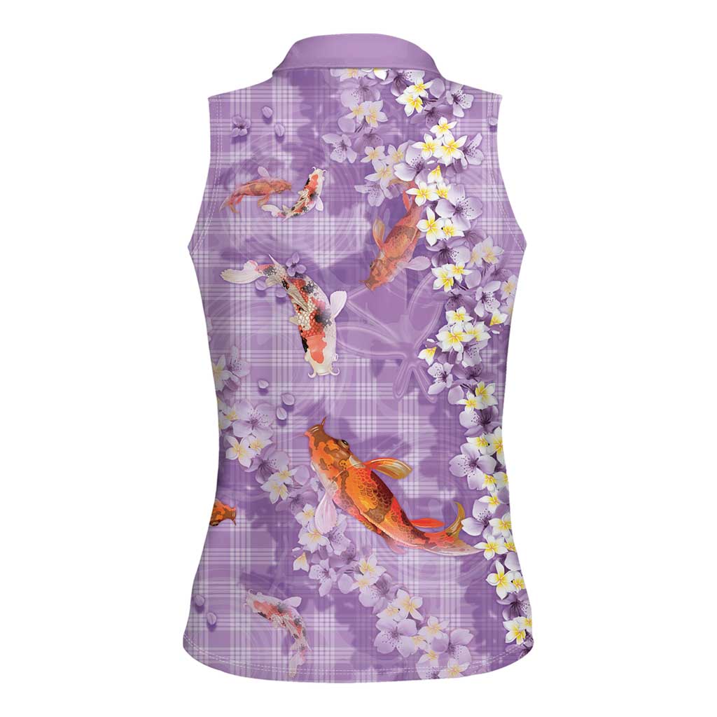 Purple Palaka Hawaiian And Japanese Women Sleeveless Polo Shirt Sakura Lei With Koi Fish DT05 - Polynesian Pride