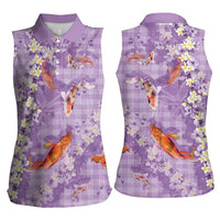Purple Palaka Hawaiian And Japanese Women Sleeveless Polo Shirt Sakura Lei With Koi Fish DT05 - Polynesian Pride