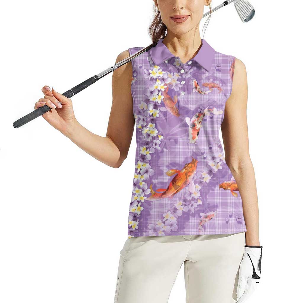 Purple Palaka Hawaiian And Japanese Women Sleeveless Polo Shirt Sakura Lei With Koi Fish DT05 - Polynesian Pride
