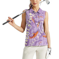 Purple Palaka Hawaiian And Japanese Women Sleeveless Polo Shirt Sakura Lei With Koi Fish DT05 - Polynesian Pride