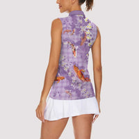 Purple Palaka Hawaiian And Japanese Women Sleeveless Polo Shirt Sakura Lei With Koi Fish DT05 - Polynesian Pride