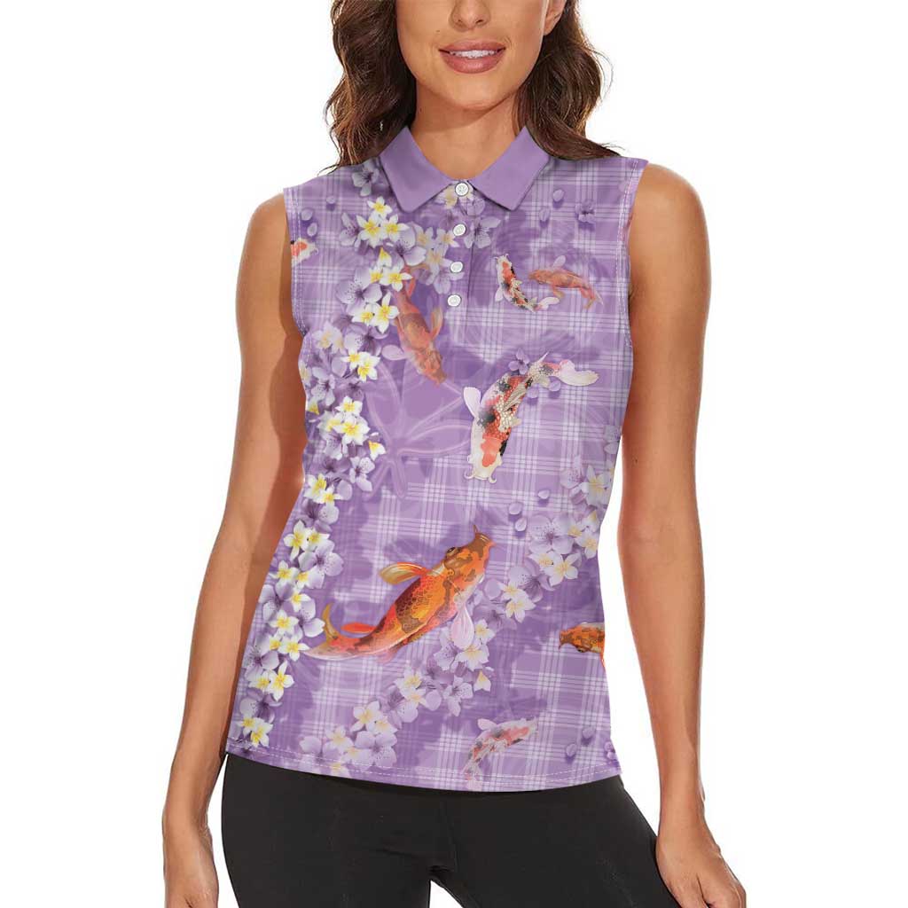 Purple Palaka Hawaiian And Japanese Women Sleeveless Polo Shirt Sakura Lei With Koi Fish DT05 - Polynesian Pride