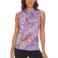 Purple Palaka Hawaiian And Japanese Women Sleeveless Polo Shirt Sakura Lei With Koi Fish DT05 - Polynesian Pride