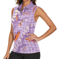 Purple Palaka Hawaiian And Japanese Women Sleeveless Polo Shirt Sakura Lei With Koi Fish DT05 - Polynesian Pride