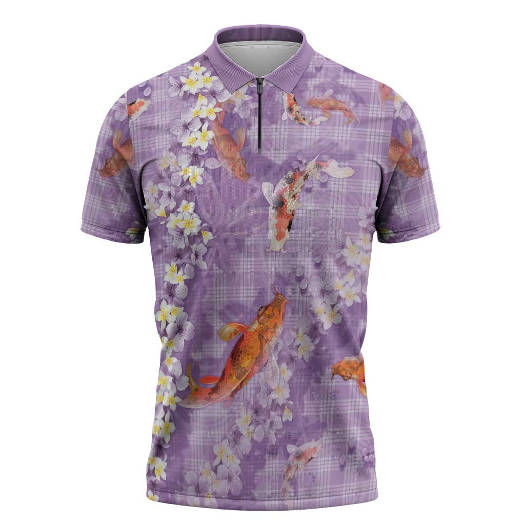 Purple Palaka Hawaiian And Japanese Zipper Polo Shirt Sakura Lei With Koi Fish - Polynesian Pride