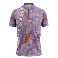 Purple Palaka Hawaiian And Japanese Zipper Polo Shirt Sakura Lei With Koi Fish - Polynesian Pride